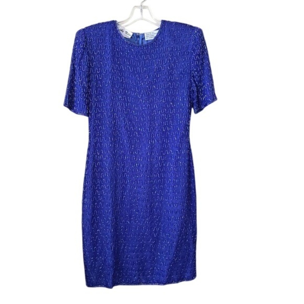 Silky Nites New York Vintage Beaded Silk Dress Cobalt Blue Petite Small PS‎